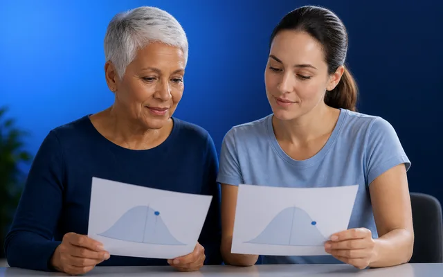 An older woman and a younger adult each studying a printed cognitive score chart, illustrating that scores are compared within age groups