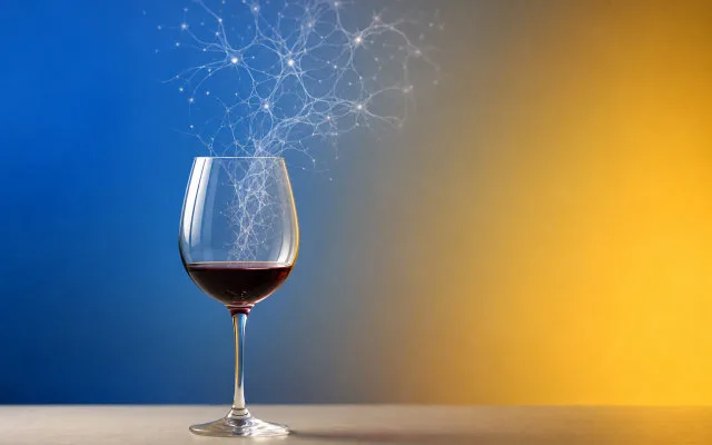A wine glass on a table with faint neural pathways dissolving into mist above it in cool blue light