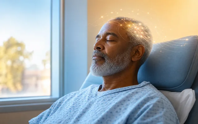 Older adult resting calmly in a recovery chair with faint neural light strands settling around the head, suggesting the mind clearing after surgery