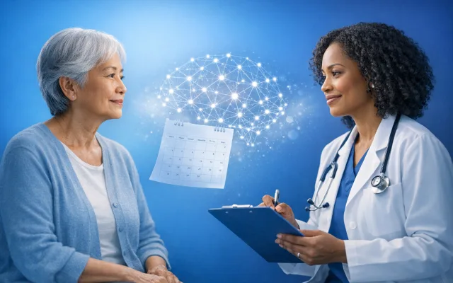 Older adult seated across from a clinician during a wellness visit, soft clock motif suggesting routine annual care