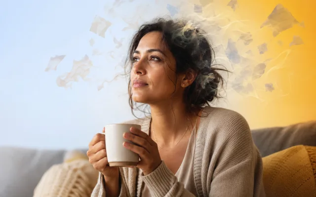 Woman pausing at a desk with a soft haze around her head depicting the clouded thinking of anxiety-driven brain fog