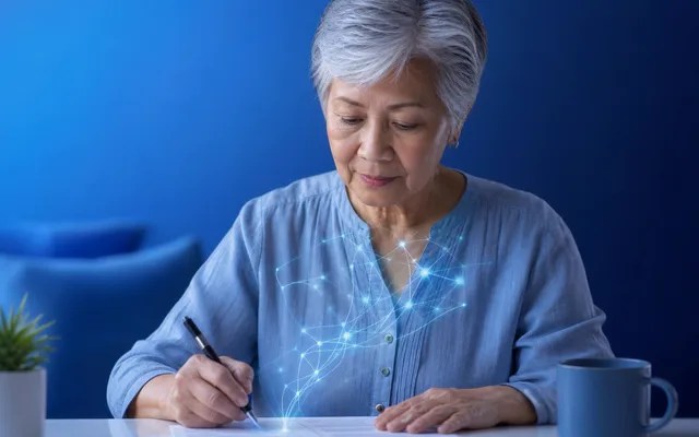 Older adult completing a written cognitive screening at a kitchen table in soft blue editorial light