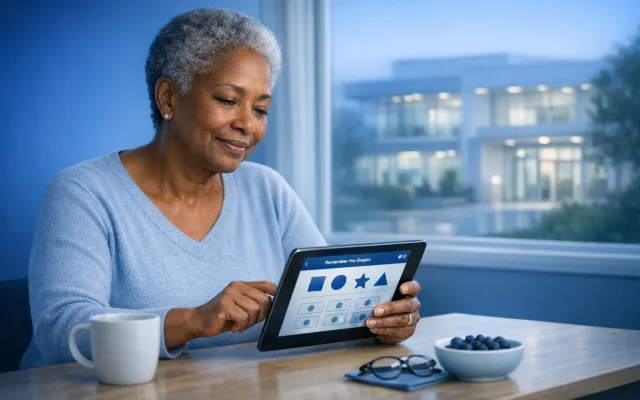 Split scene showing a home setting and a clinical office for cognitive testing