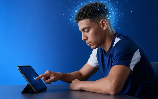 Young athlete in athletic gear sits at a small table completing a tablet-based cognitive test, soft neural light patterns radiating around the head