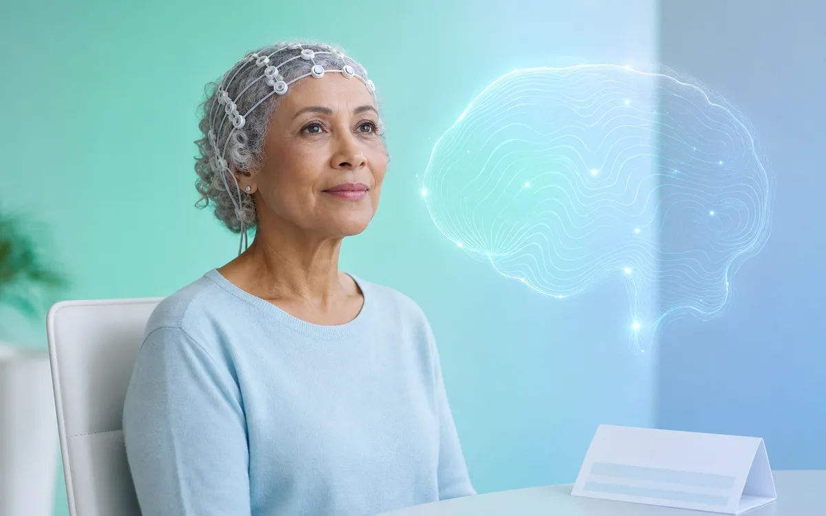 Older woman seated calmly in a white EEG electrode cap during a brain mapping session, with a softly glowing blue illustration of a brain beside her