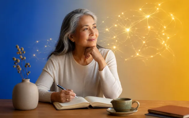 Person journaling at a calm morning desk with soft neural glow patterns in the air