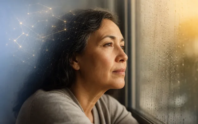 Person gazing through a rain-streaked window with soft neural light fading behind them