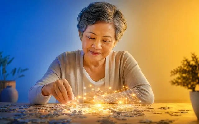 Person completing a puzzle as soft glowing neural connections brighten above the pieces