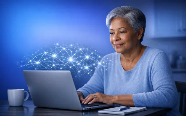 Older adult sitting at a laptop with subtle neural light patterns reflected on the screen