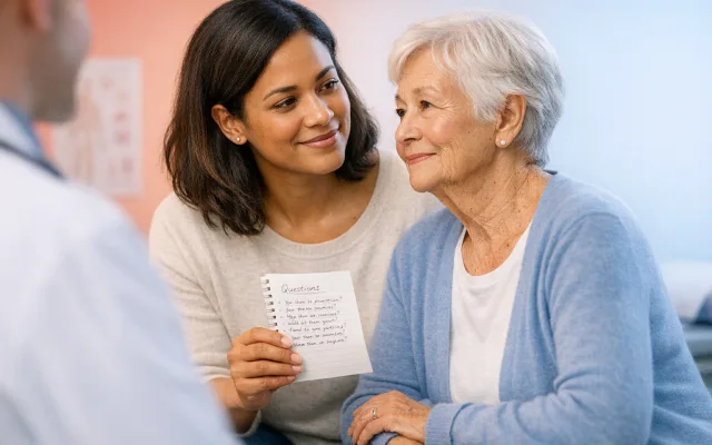 Question mark symbol with checklist items in warm amber tones, representing preparation for medical conversations