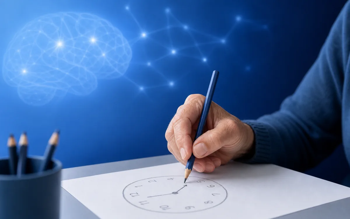Wide editorial scene of a hand-drawn clock face on paper beside a pen with subtle neural light motifs