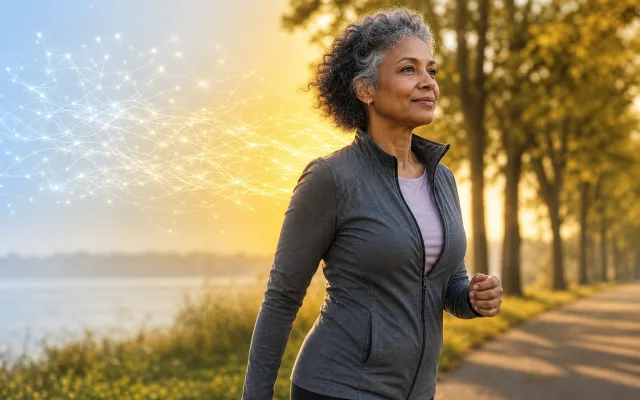 Adult in their sixties walking outdoors at golden hour with soft neural light patterns trailing behind them