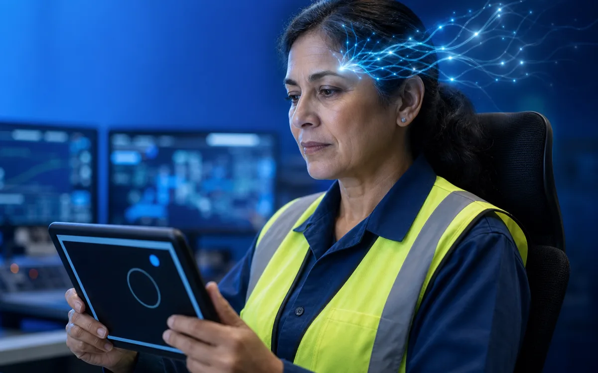 Experienced safety-sensitive worker in a clean control room concentrating on a tablet-based cognitive check-in, subtle luminous neural patterns suggesting attention and reaction time