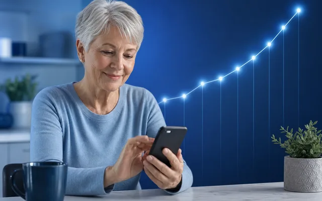 Older woman at a kitchen table using a smartphone as a rising line of cognitive performance points forms a trend beside her