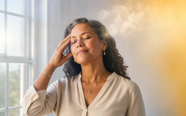Woman in her mid-50s pausing thoughtfully near a sunlit window with soft warm light around her temple