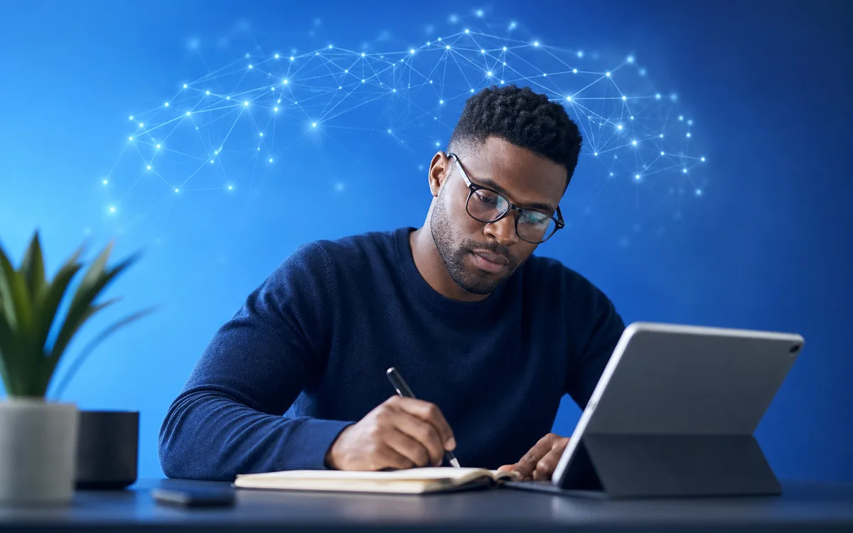 Diverse adult professional concentrating at a clean modern workspace, subtle neural light motifs above suggesting attention, memory, and processing speed at work