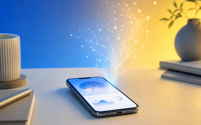 Smartphone on a clean desk displaying a cognitive assessment interface with soft neural motifs floating above the screen