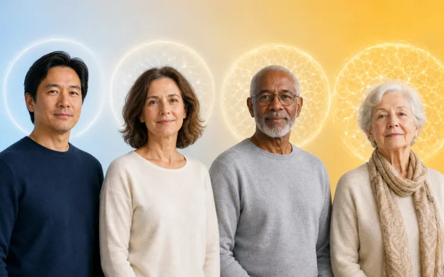 Four people of different ages standing in soft blue light, each surrounded by a gentle ring of light suggesting cognitive vitality
