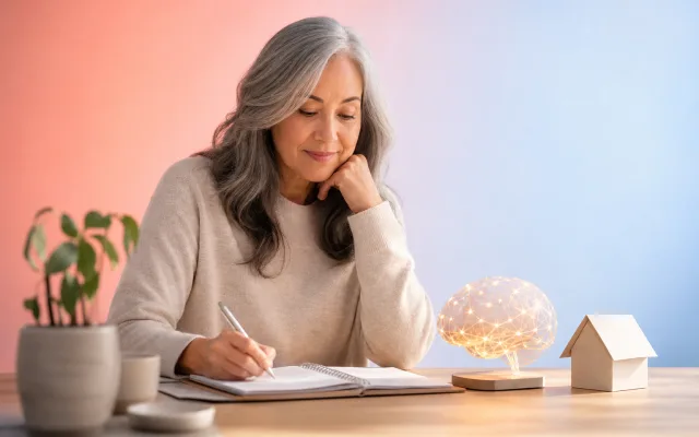 Adult in their early 60s reviewing a planning notebook at a sunlit desk with soft neural light traces in the background