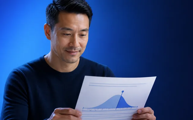 A man reading a printed report showing a blue bell curve with a single marked point, representing a percentile ranking on a cognitive test