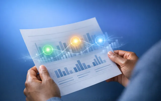 Soft blue neural waveform and score markers representing cognitive assessment results