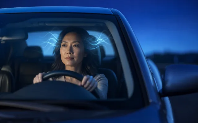 Adult sitting calmly in a parked car at dusk with faint blue light ripples around the temples, suggesting careful attention to thinking after a crash
