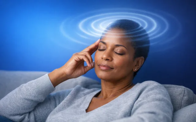 Thoughtful adult resting on a couch with soft concentric light waves around the head, representing post-concussion recovery