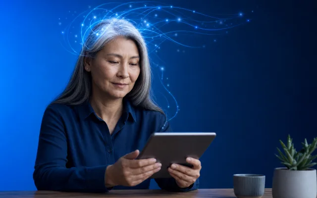 Adult in their fifties seated at a clean desk with a tablet, soft neural light patterns in the air around them