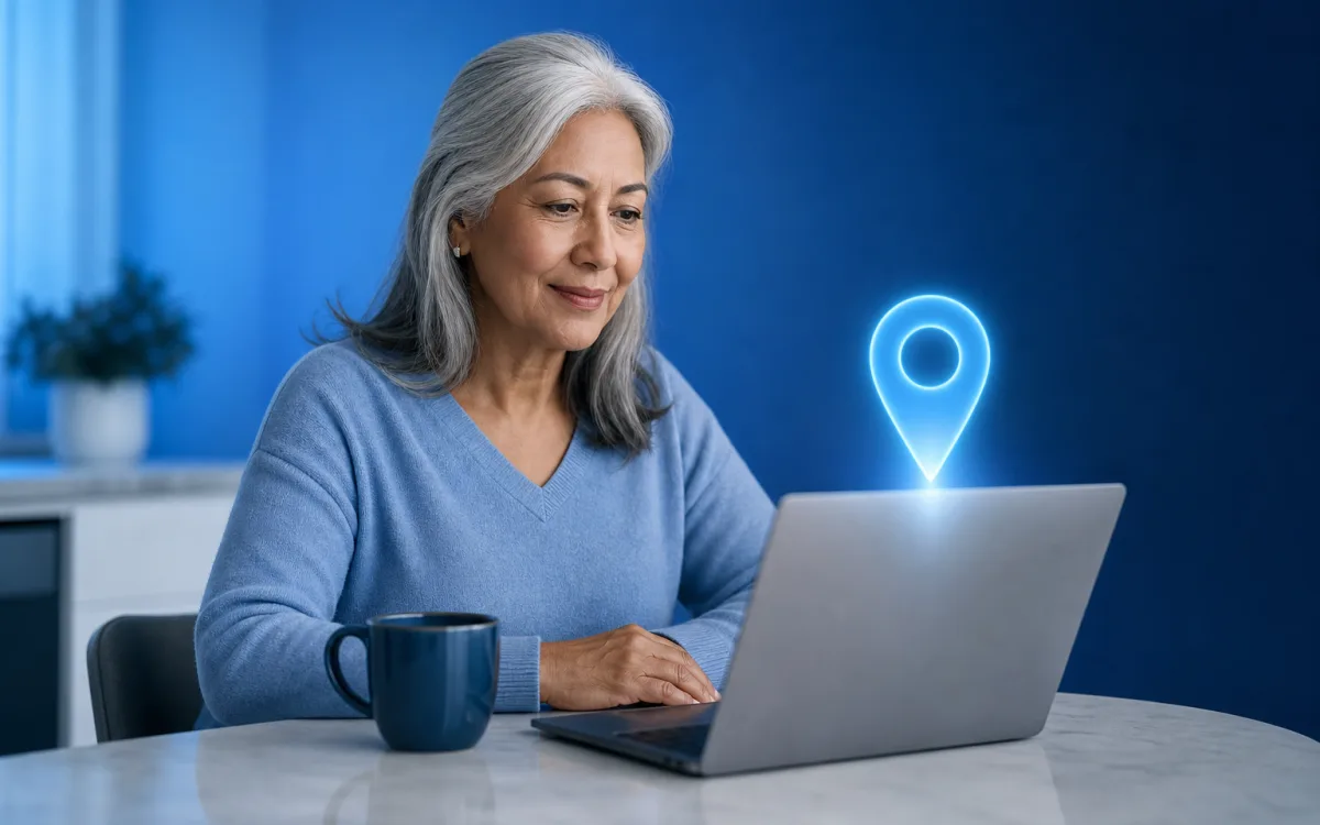 Older adult reviewing local cognitive testing options on a laptop with a softly glowing map-pin marker