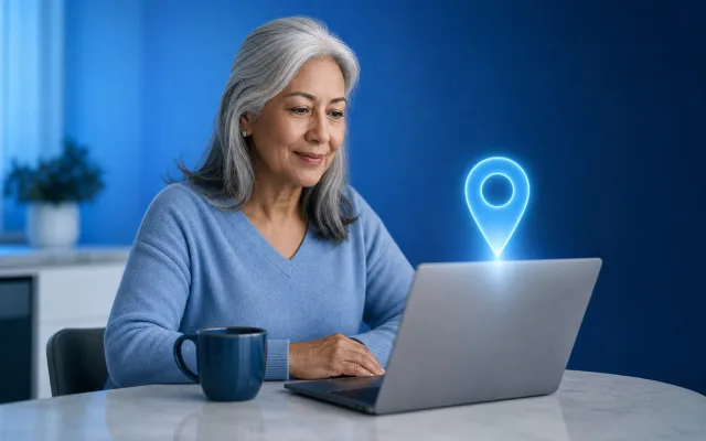 Woman at a kitchen table using a laptop with a glowing location pin, searching for nearby cognitive testing