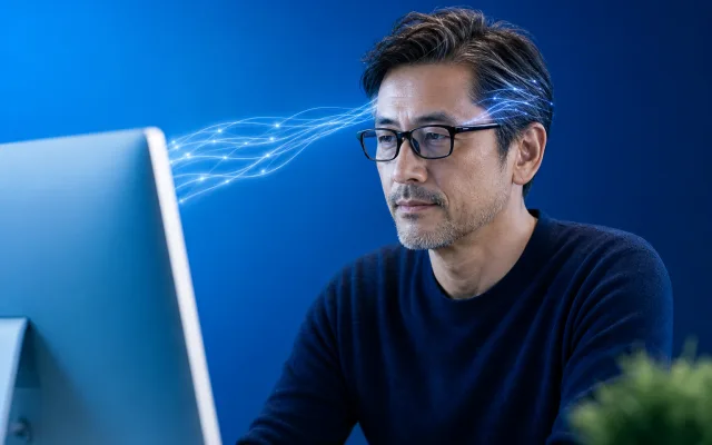 Focused worker at a tidy workstation with soft neural light patterns suggesting attention and processing speed on the job