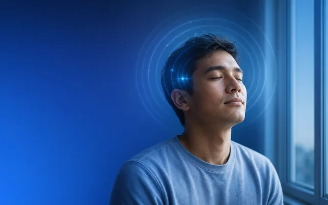 Thoughtful adult resting at a sunlit window with soft luminous waves around the head, representing healing focus after a head injury