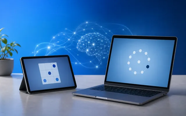 Tablet and laptop showing cognitive assessment tasks side by side on a clean desk in soft blue light