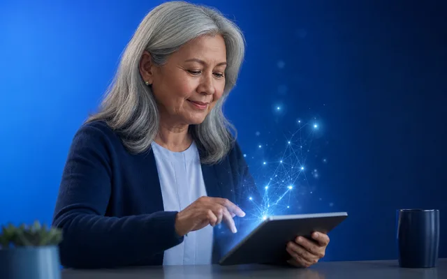 A tablet displaying a cognitive assessment task held by an older adult in soft blue light