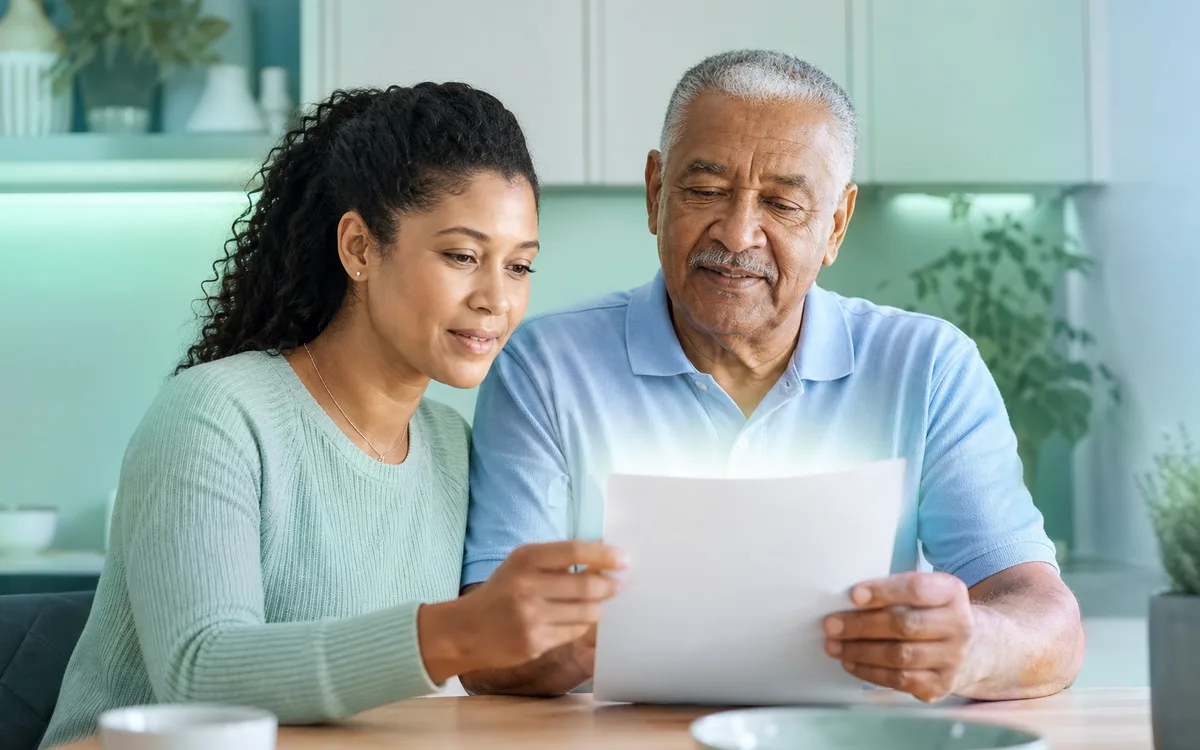 A calm caregiver and an older adult reading insurance paperwork at a sunlit table