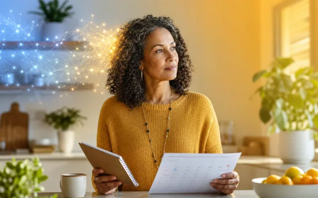 Adult in their late forties pausing at a kitchen counter with calendar and notes, soft neural light dimming gently at the edges