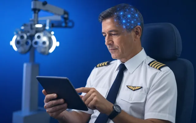 Experienced commercial pilot in uniform completing a focused attention task on a tablet during an aviation medical exam