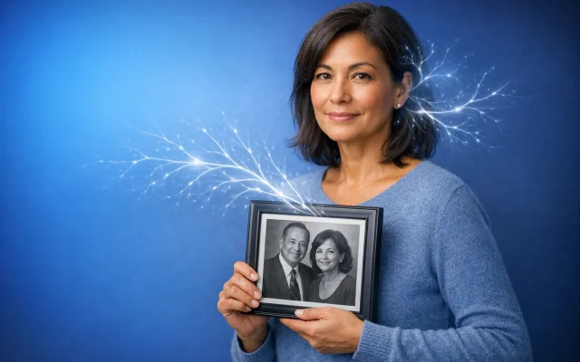 Adult daughter looking thoughtfully at a framed family photo, soft blue light suggesting reflection on inherited health history
