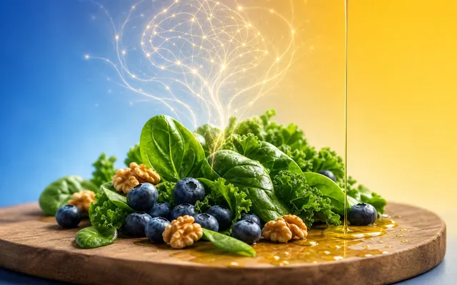 Fresh leafy greens, berries, and walnuts arranged on a table with soft neural light patterns