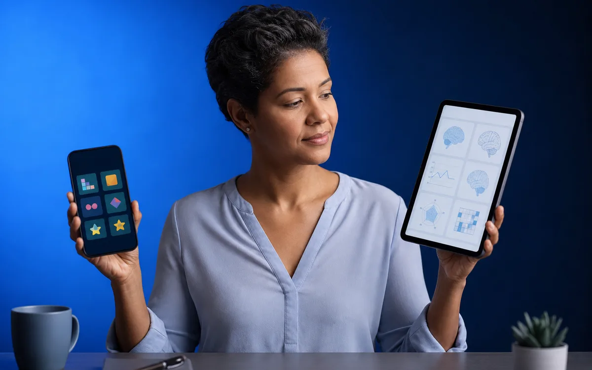 Person comparing a free online brain quiz on a phone against a structured FDA-cleared cognitive test on a tablet