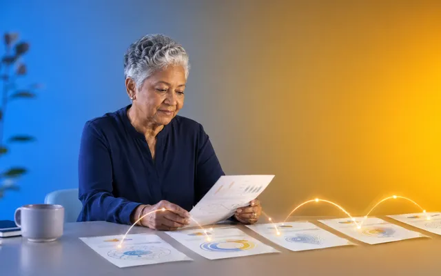 Older adult reviewing a series of cognitive health charts displayed on a softly lit desk