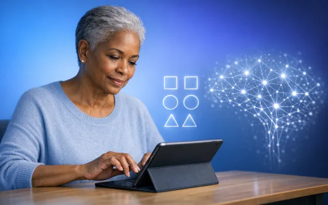 Older adult sitting at a desk with a tablet, preparing for an at-home cognitive assessment