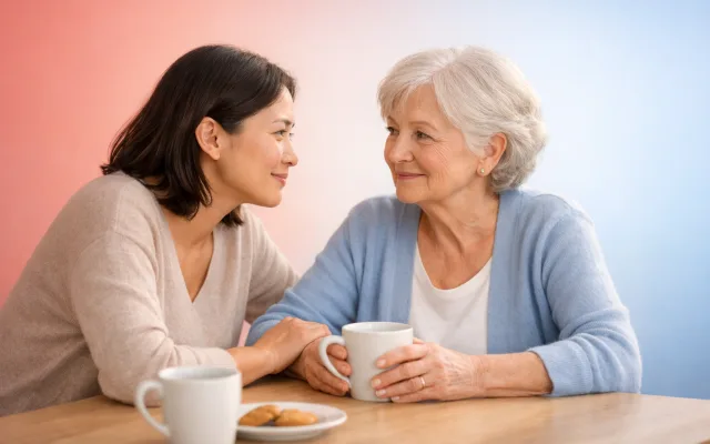Two speech bubbles in warm green tones representing a supportive conversation between family members