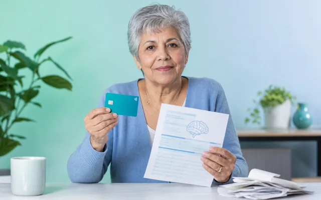 An older adult reviewing a benefits card and a cognitive test statement at a kitchen table