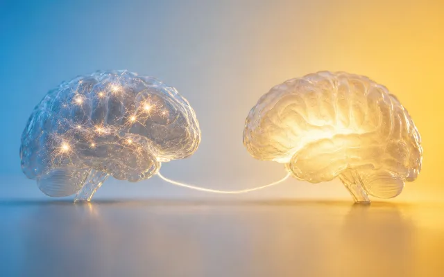 Two translucent brain profiles side by side with distinct neural illumination patterns, one flickering and one steadily dimming