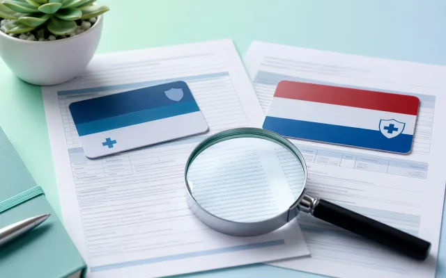 Two overlapping insurance documents on a desk with a magnifying glass and soft clinical lighting