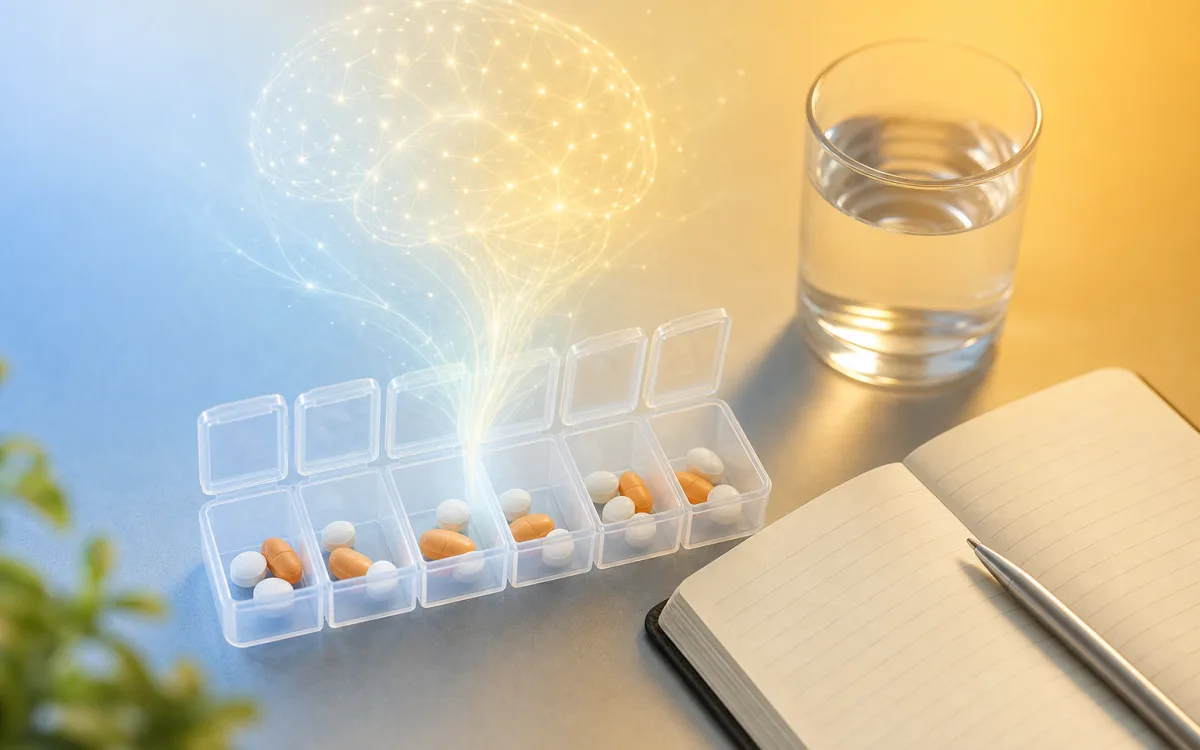 Calm overhead view of a weekly pill organizer beside a notebook with subtle luminous neural motifs, depicting medications and cognition