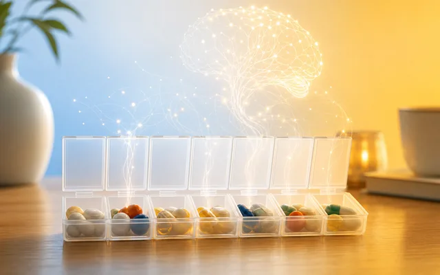 Open weekly pill organizer on a calm desk with faint neural light strands drifting upward from the compartments