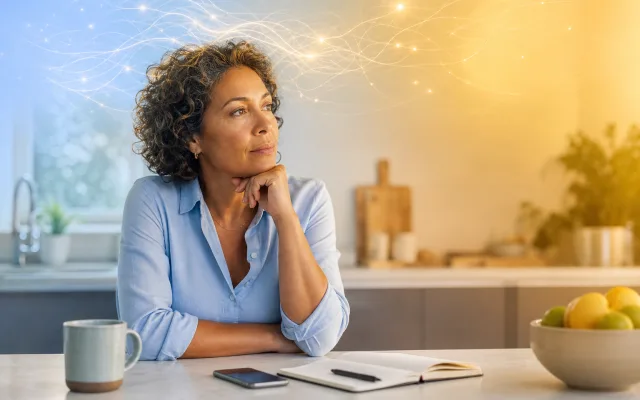 Person in their 40s pausing thoughtfully at a sunlit kitchen counter with a phone and notebook nearby