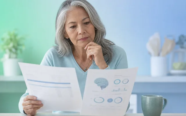 An older adult and a family member reviewing a memory test cost estimate at a kitchen table